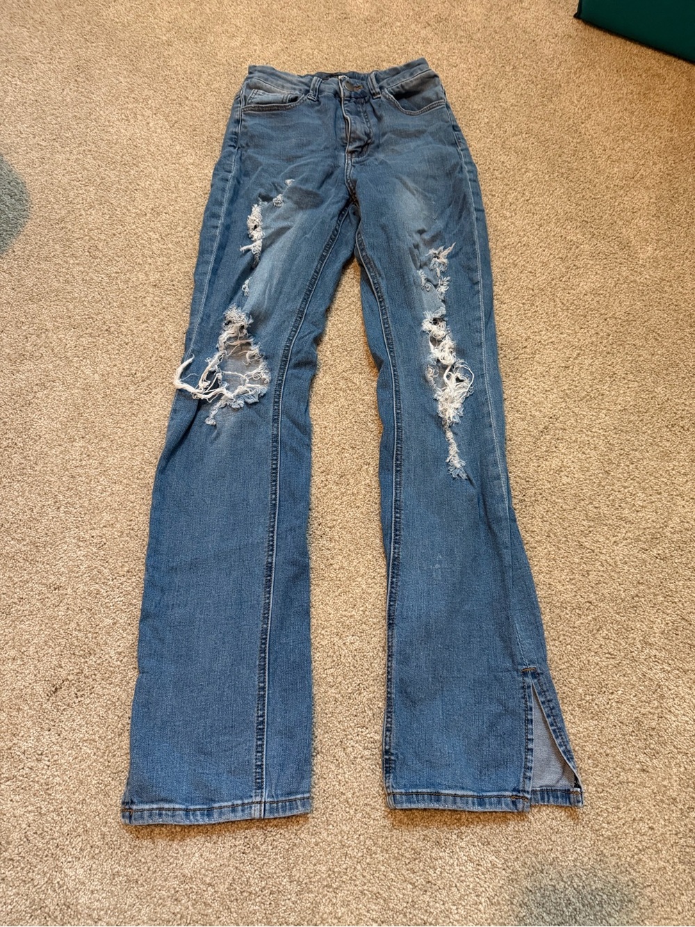 Fashion Nova Distressed Blue Flare Jeans with Side Slit